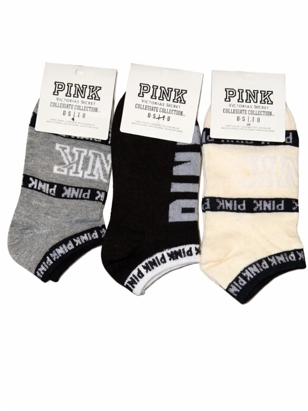 Victoria’s Secret PINK Collegiate Ankle Socks Set of 3 Gray Black Cream OS